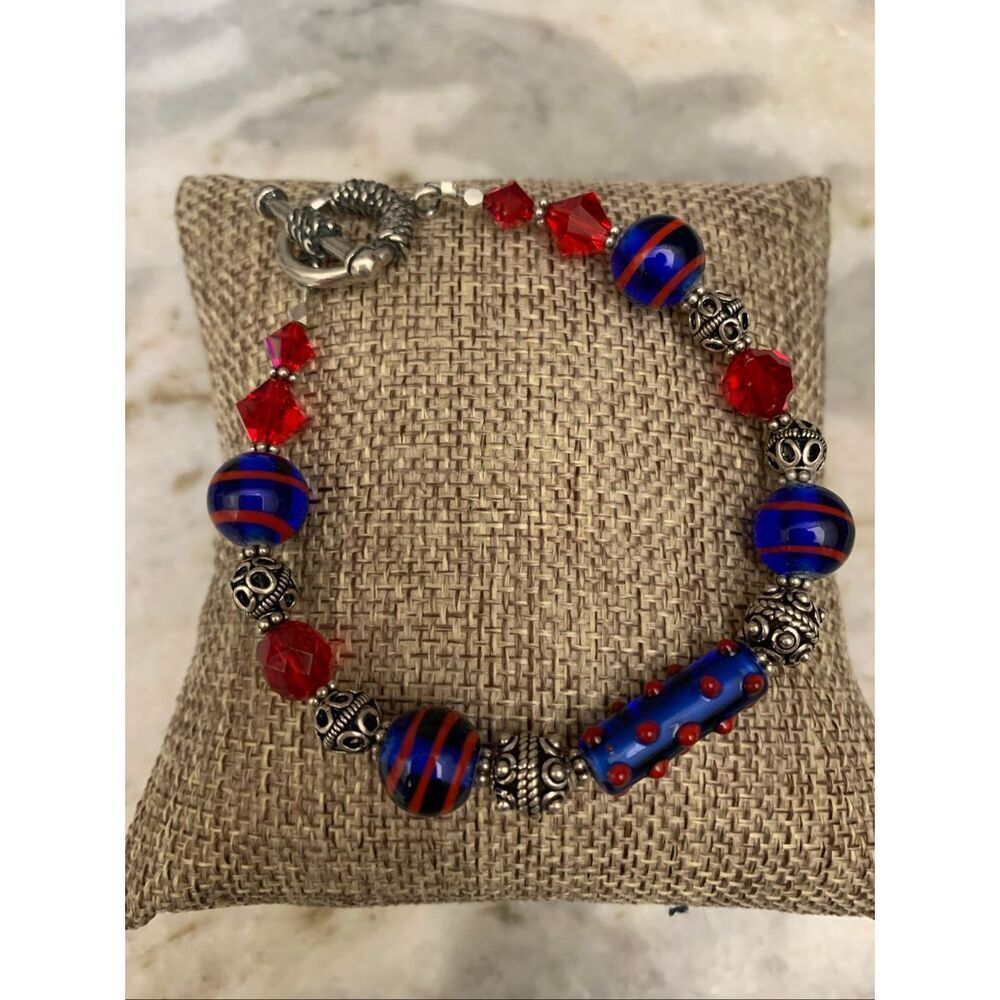 Red Blue Lampwork Beads Handmade Bracelet #Italy #USA #handmade #July 4th